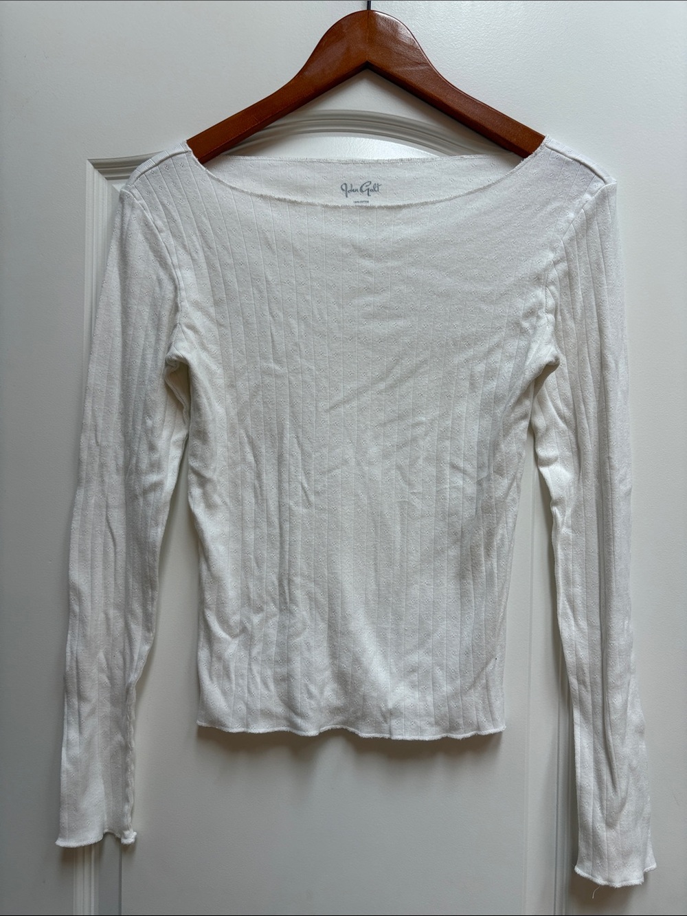 John Galt White Ribbed Boatneck Long Sleeve Top, no size
